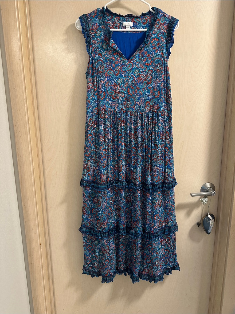 J. Jill Coastal Ruffles Sleeveless Midi Dress Blue Paisley Floral Womens Small